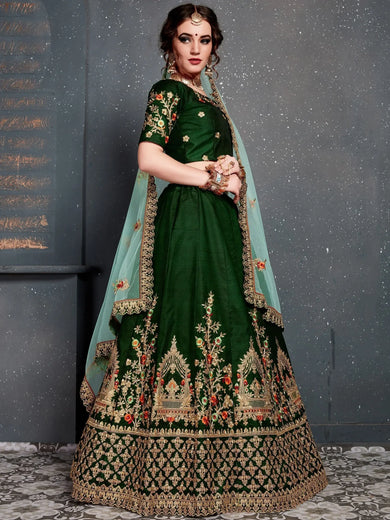 Bottle Green Embroidered Silk Bridal Lehenga Choli